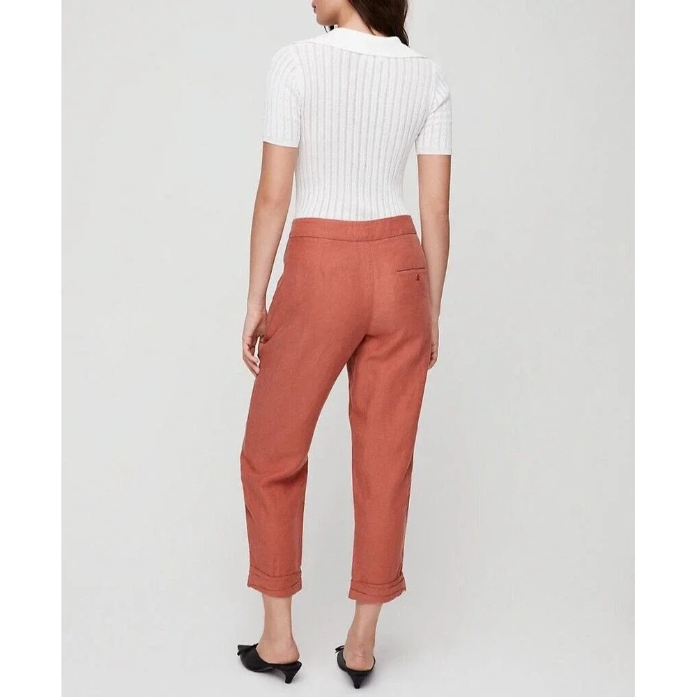 Aritzia Wilfred Allant Cropped Linen Pants Sz 2 Tie Waist Buttons Fly Rust Orang